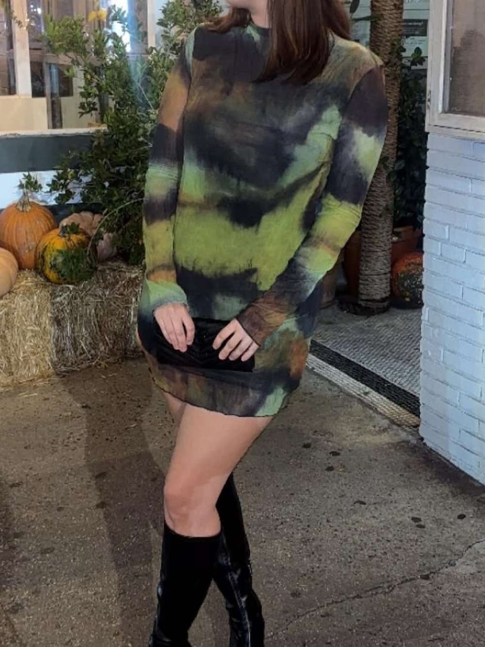 Nordstrom Tie-Dye Mini Dress in Green and Black with Brown Accents